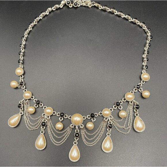 Faux Pearl Festoon Necklace Black Rhinestone Bib Silver Tone 16+2" Art Deco - Picture 2 of 8